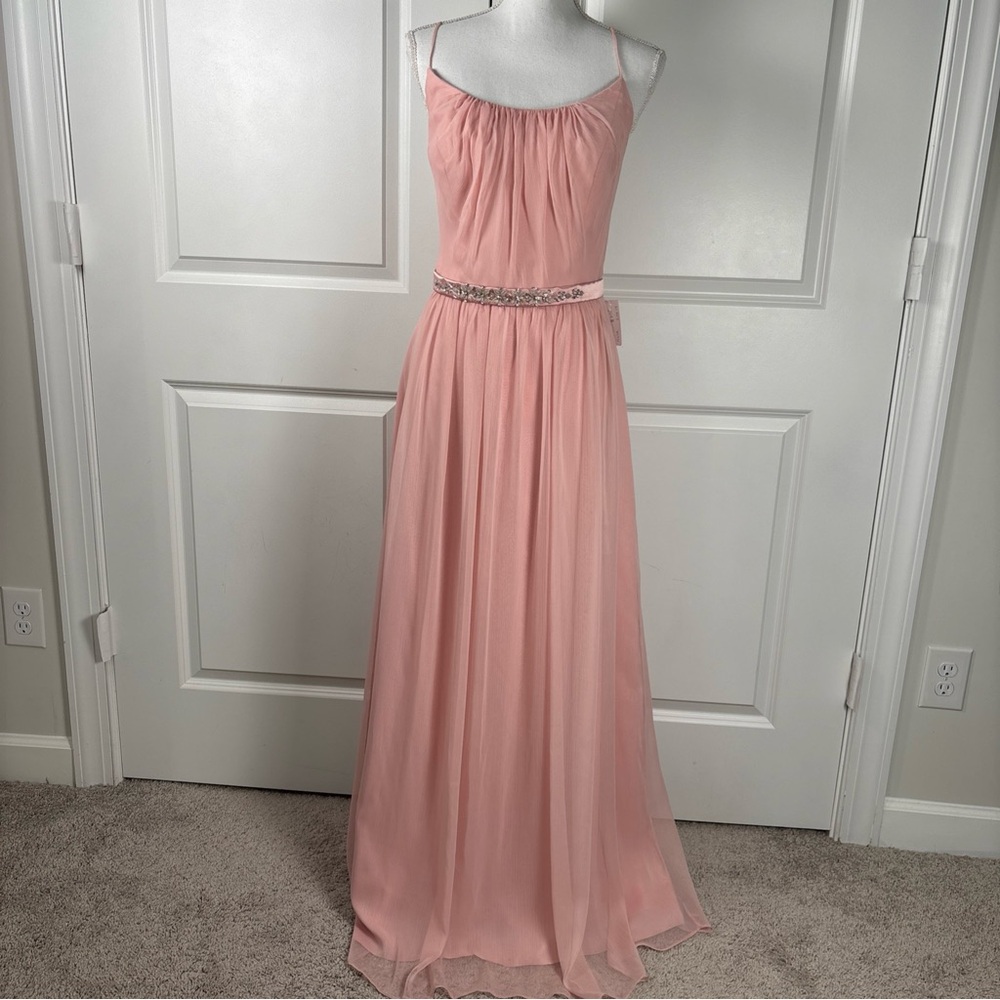Lela Rose Bridesmaid Pink Chiffon Maxi Gown Embellished Belt Size 14(see measure